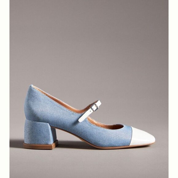 Anthropologie Vicenza Blue White Textile Buckled Strappy Mary Janes Chunky Heels - Picture 4 of 9